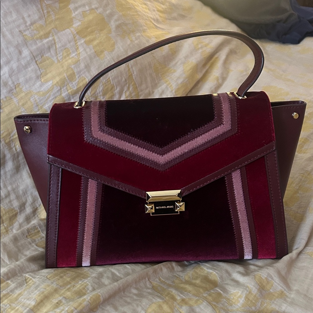 Michael Kors Large Whitney Velvet Oxblood and Pink Satchel